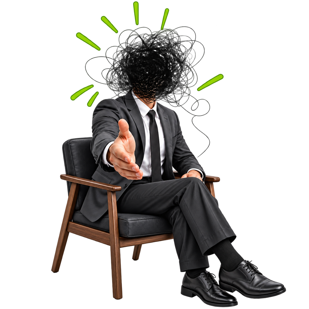A man in a black suit and tie sits in a wooden armchair, reaching forward with one hand. His face is obscured by a messy black ball of scribbled lines, with several green line bursts radiating from the head area, all on a plain white background.